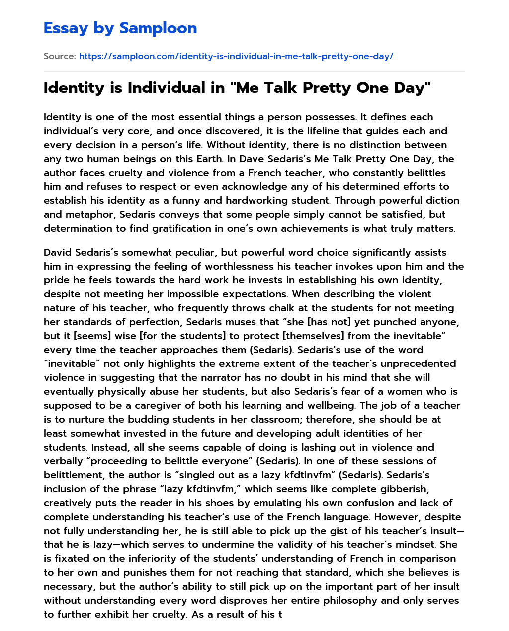 Identity is Individual in “Me Talk Pretty One Day” essay