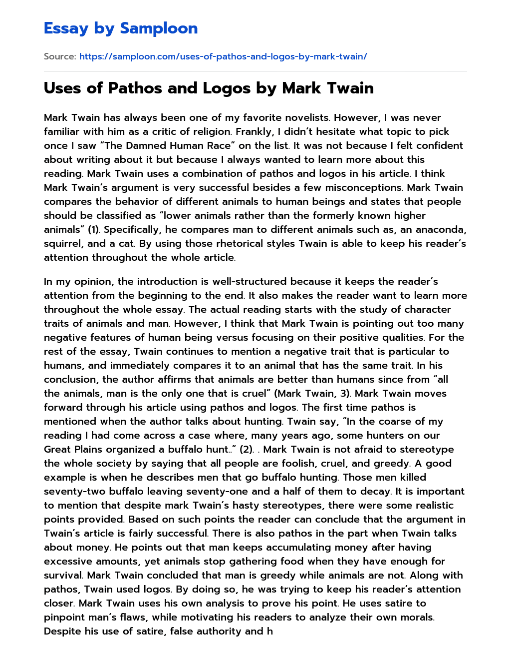 Uses of Pathos and Logos by Mark Twain essay