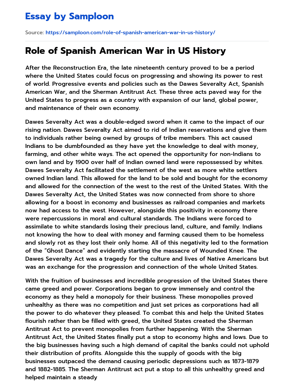 Role of Spanish American War in US History essay