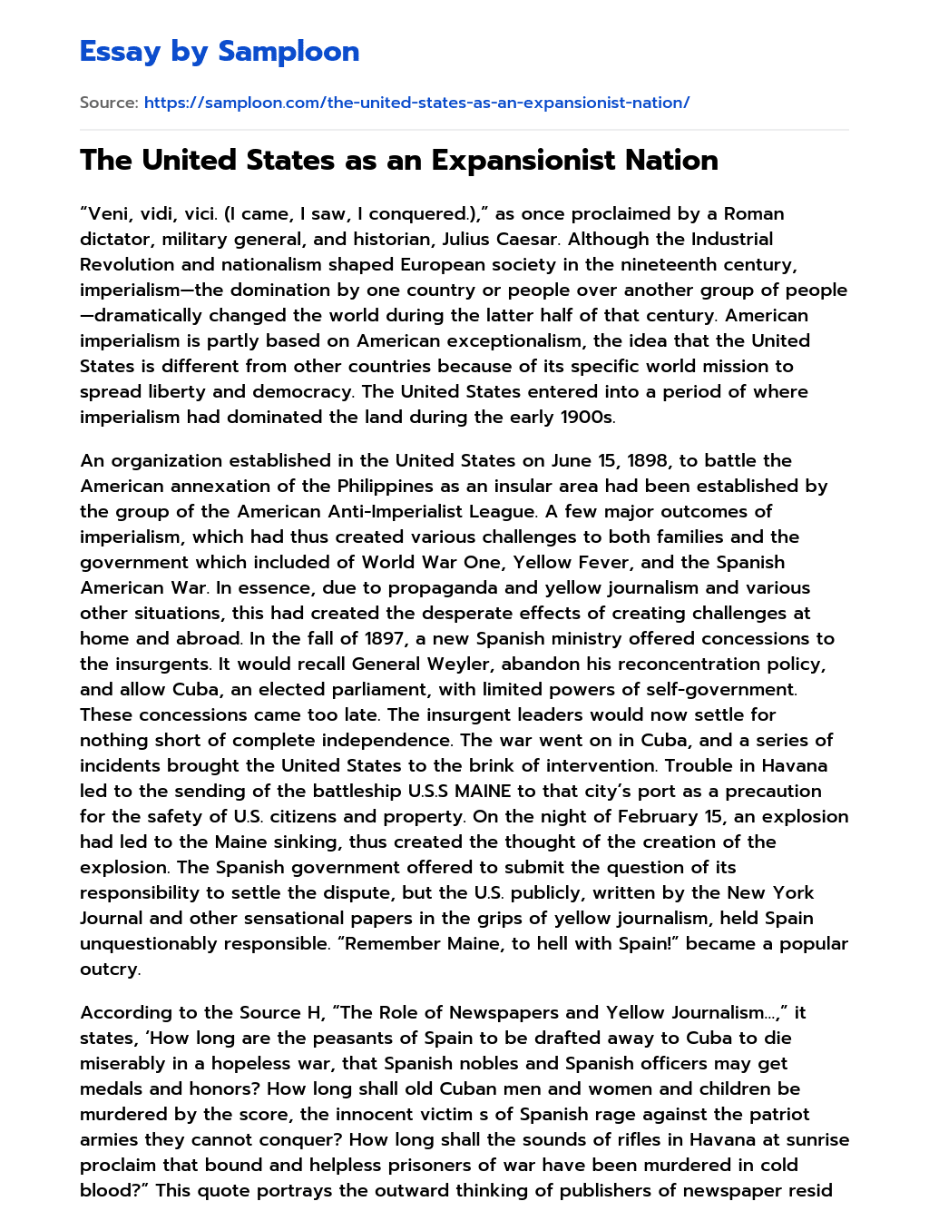 The United States as an Expansionist Nation  essay