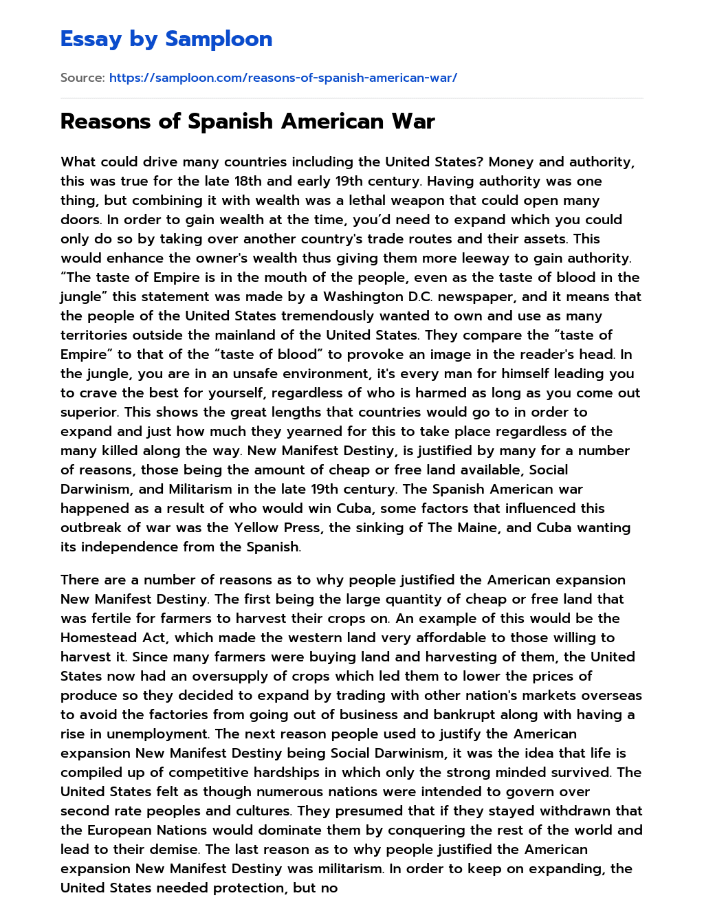 Reasons of Spanish American War essay