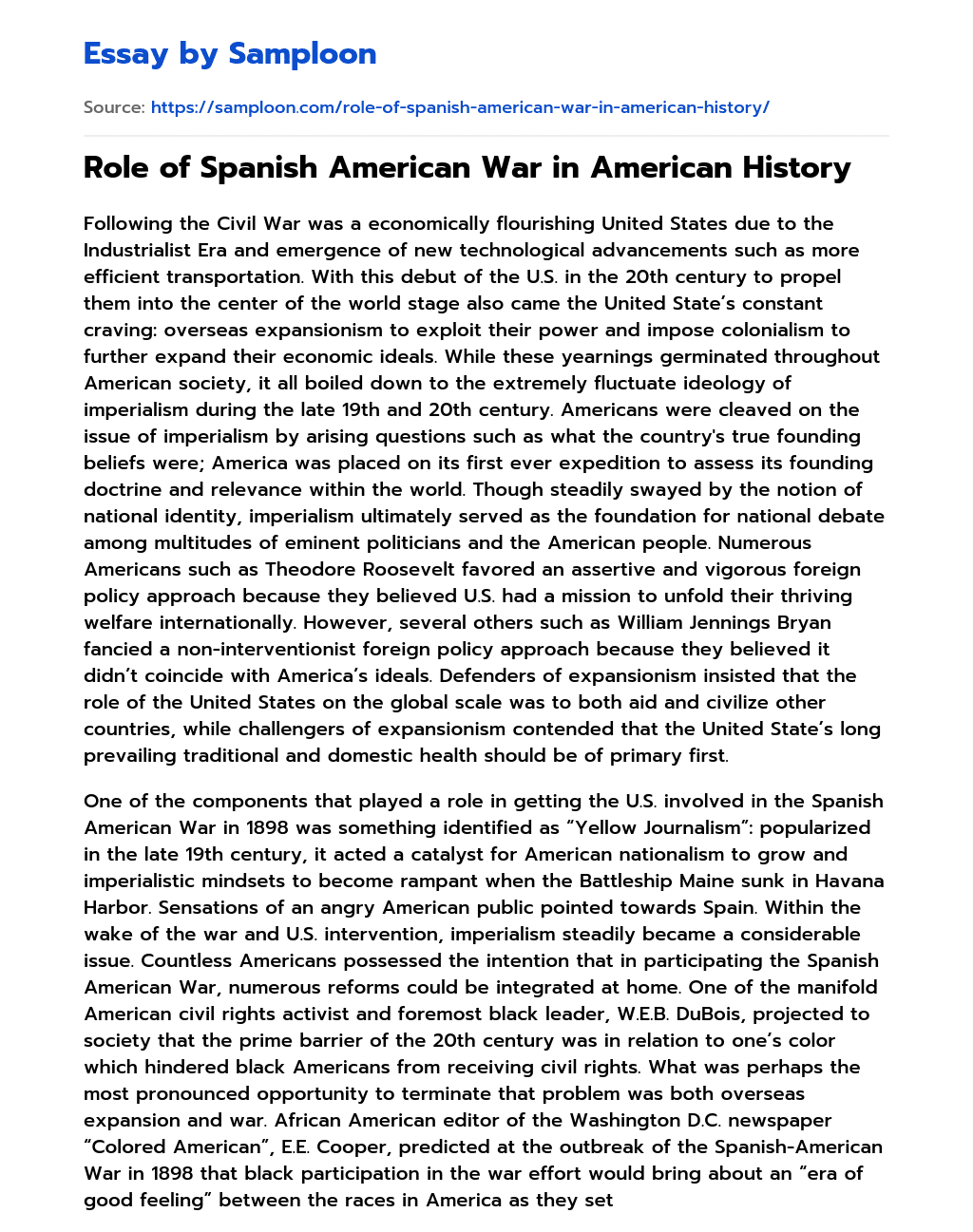 Role of Spanish American War in American History essay