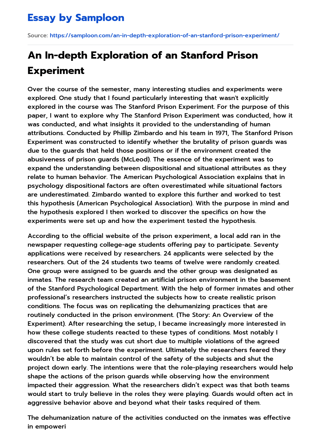 essay about stanford prison experiment