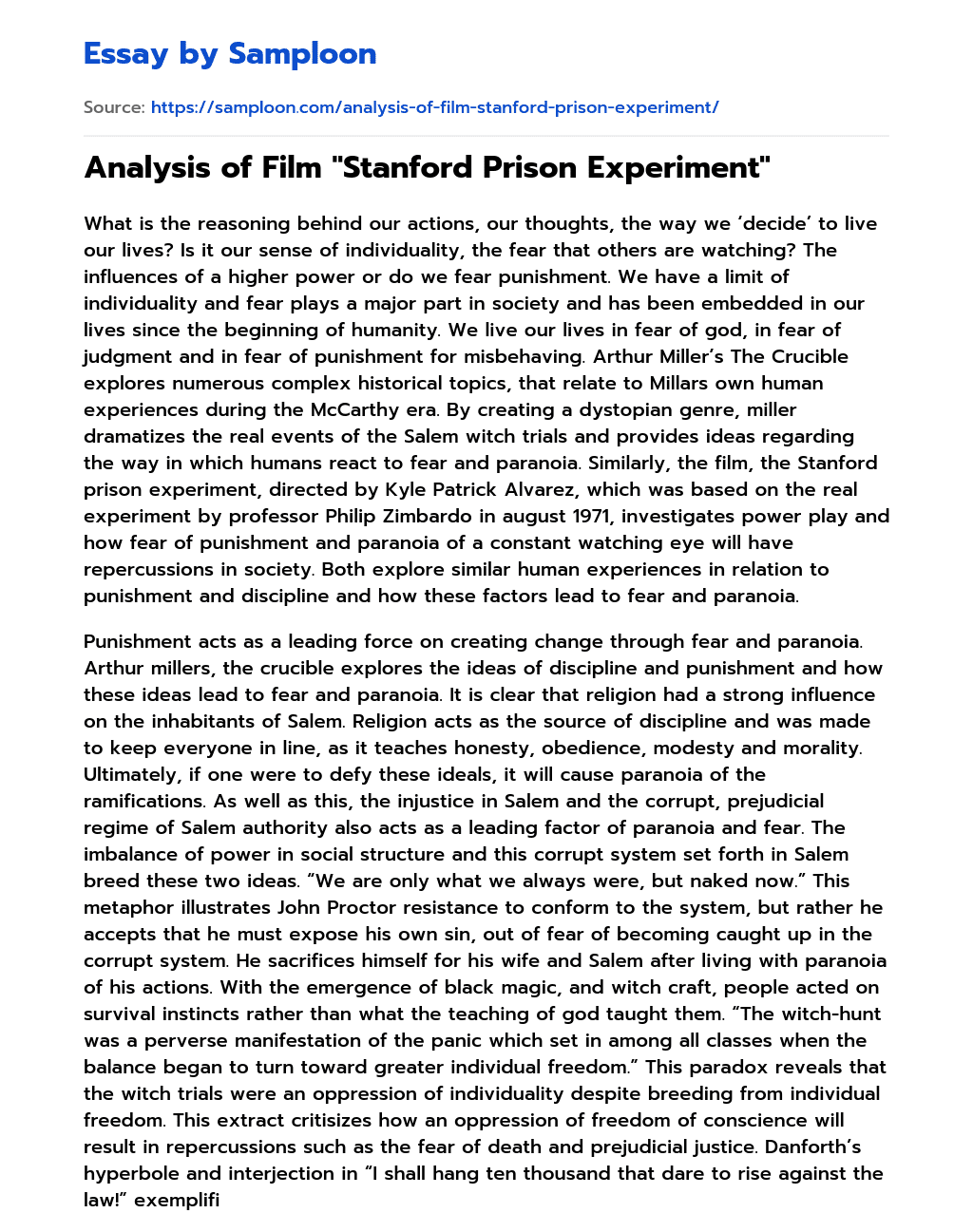 Analysis of Film “Stanford Prison Experiment” essay