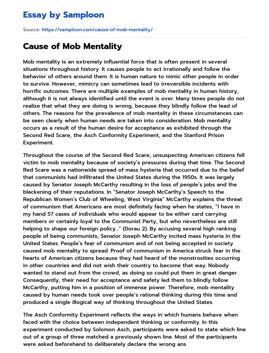 Cause of Mob Mentality  essay