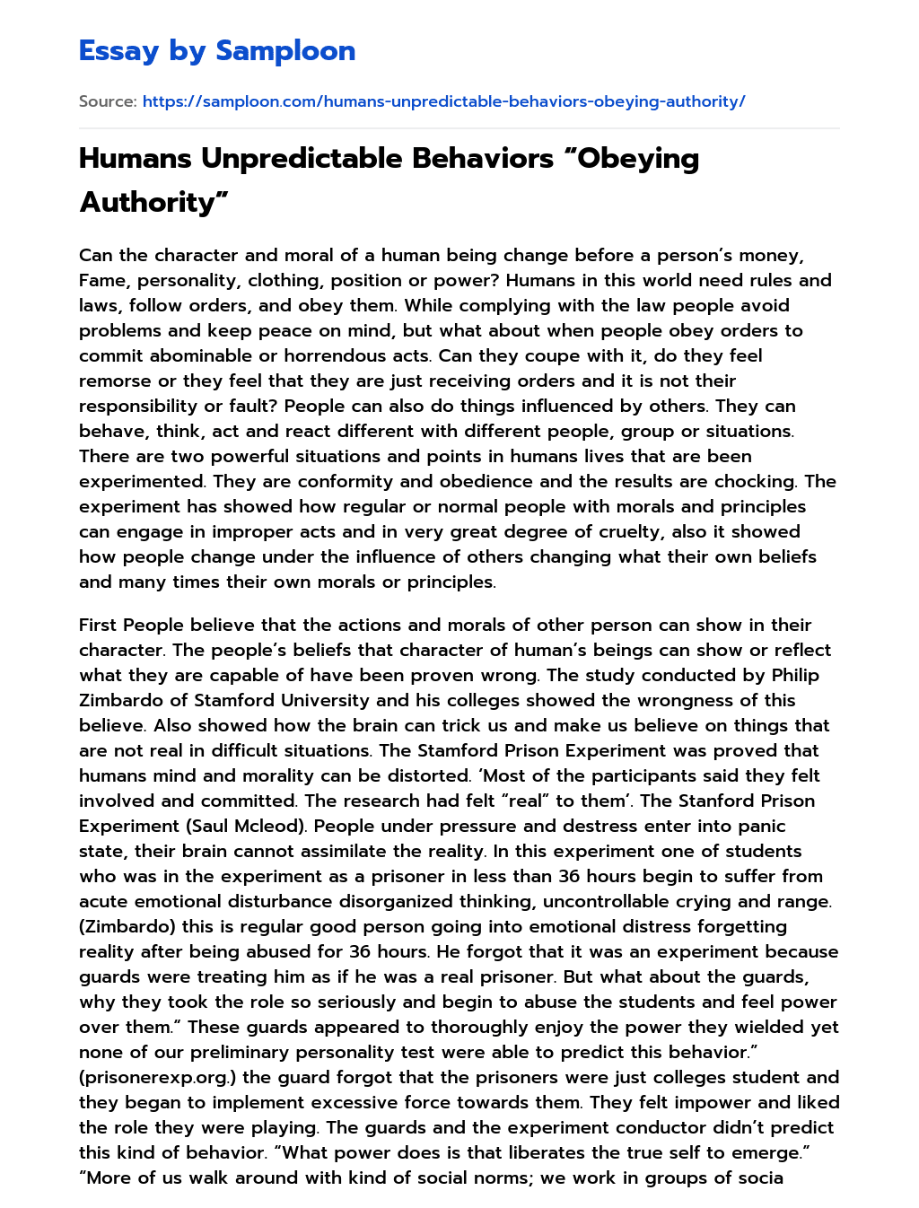 Humans Unpredictable Behaviors “Obeying Authority” essay