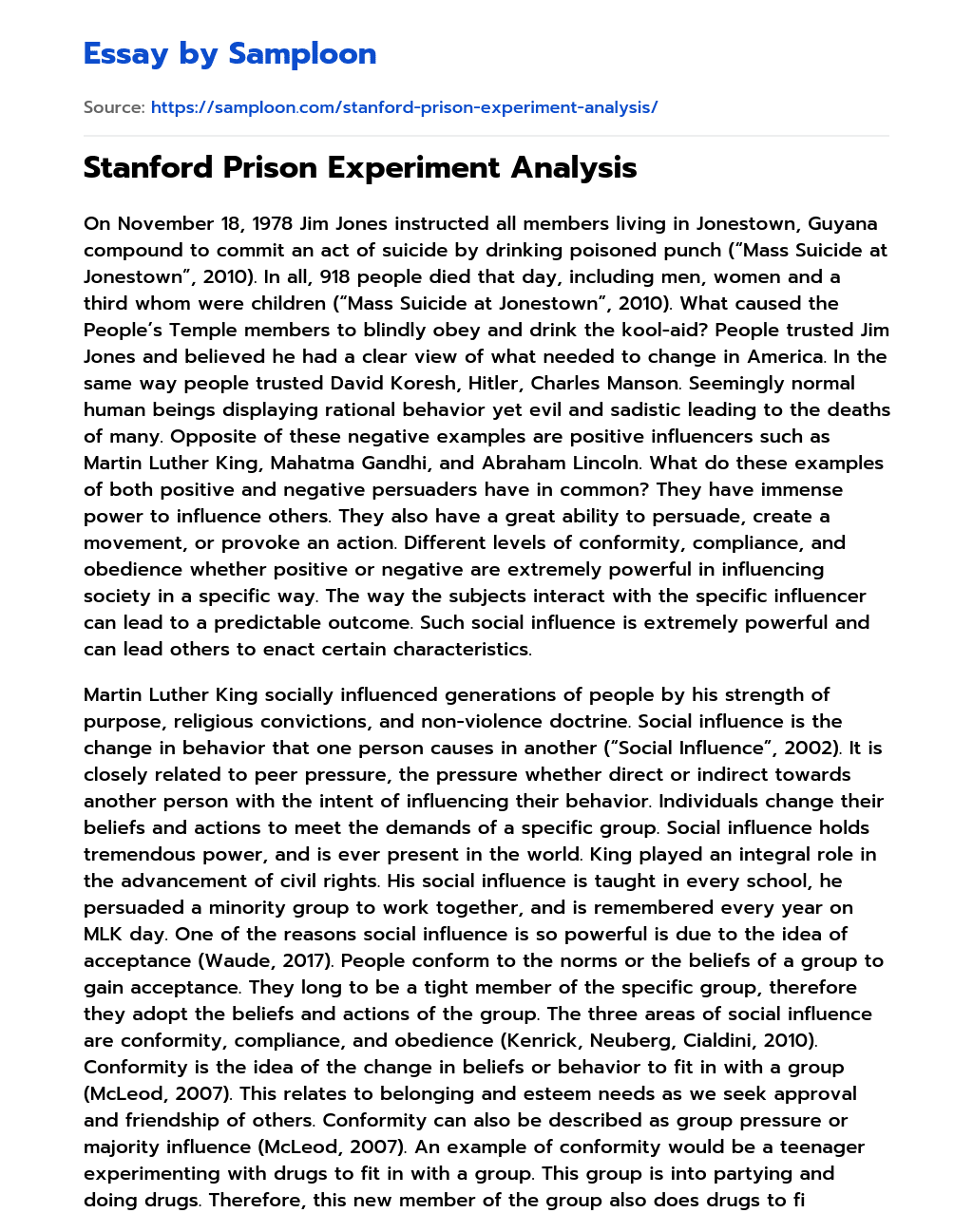 Stanford Prison Experiment Analysis essay