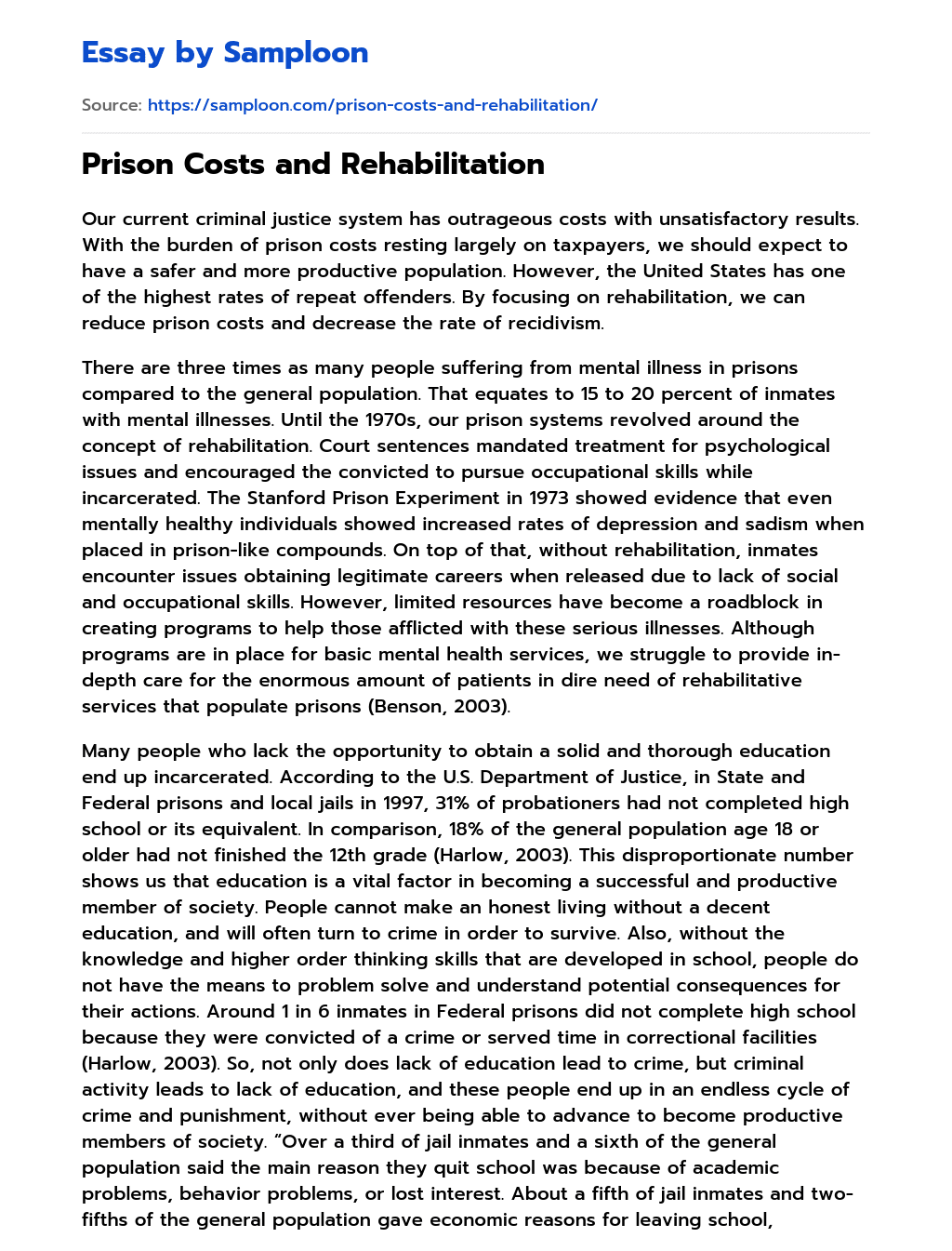 Prison Costs and Rehabilitation essay