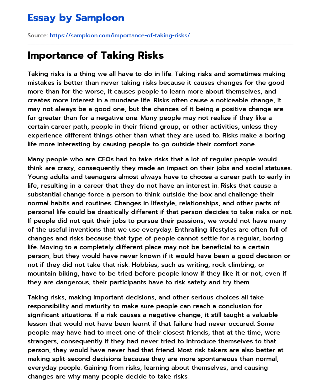 essay on taking risk in life