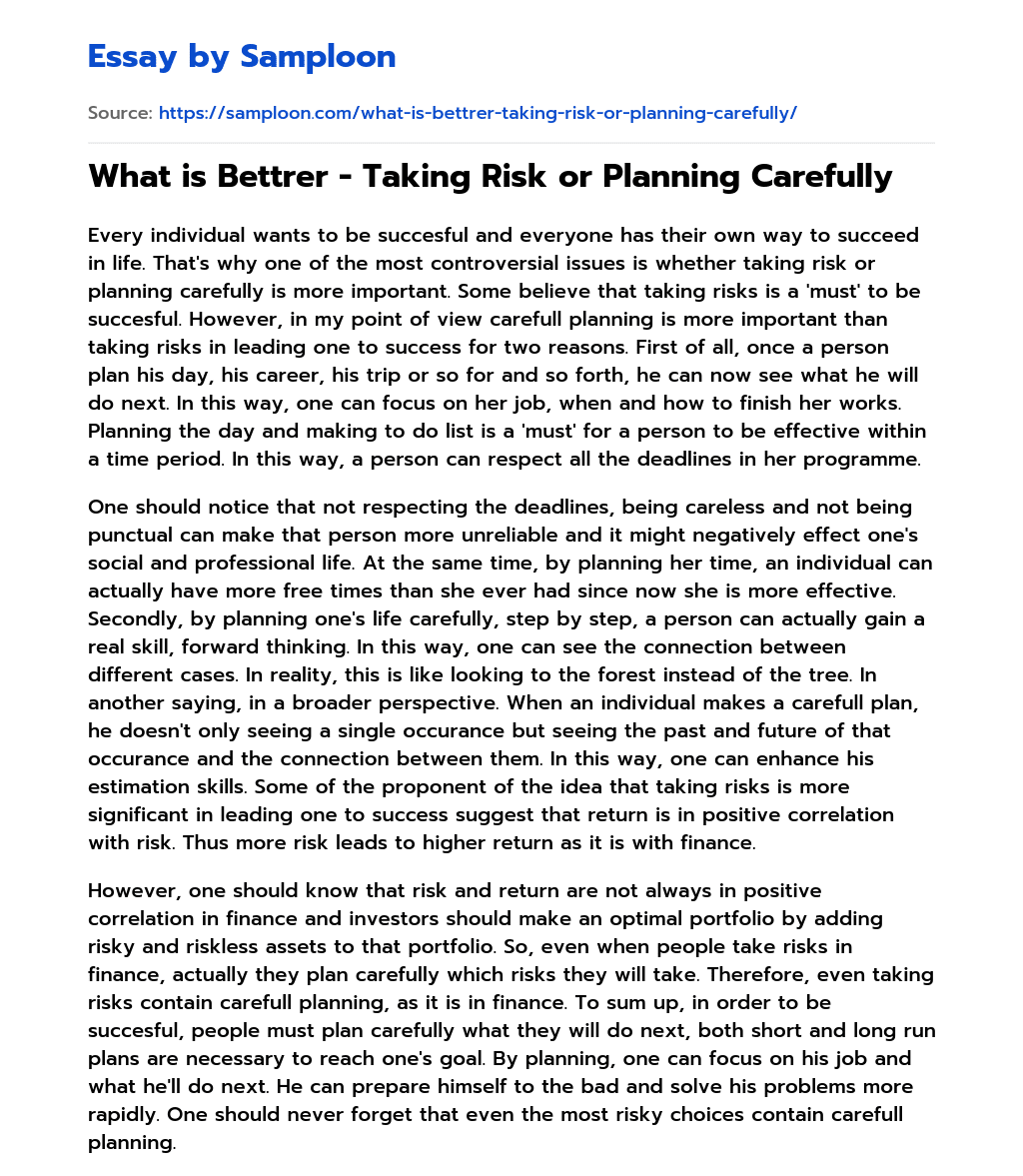 What is Bettrer – Taking Risk or Planning Carefully essay
