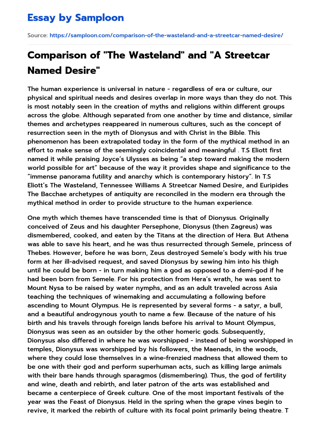 Comparison of “The Wasteland” and “A Streetcar Named Desire” essay