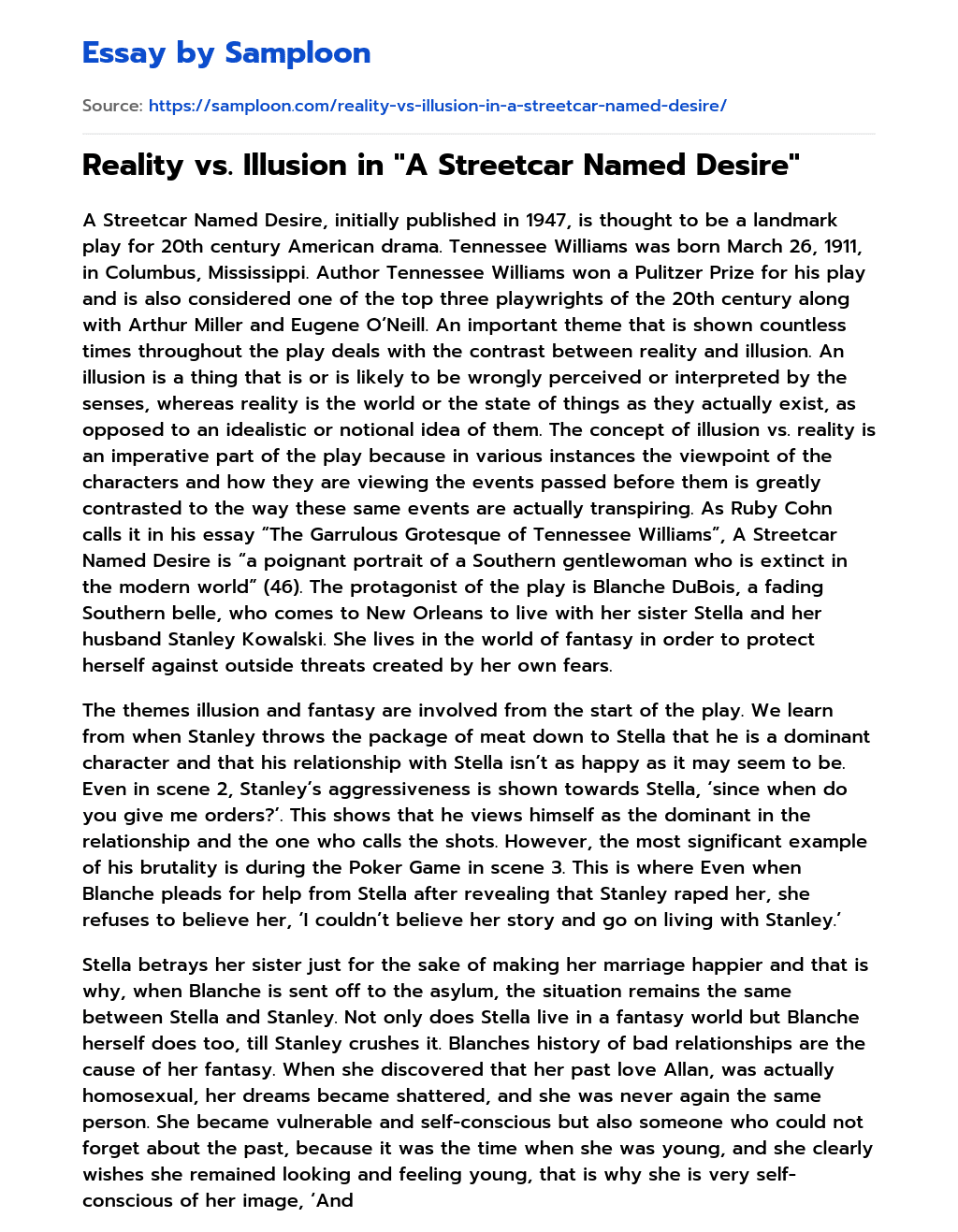 Reality vs. Illusion in “A Streetcar Named Desire” essay