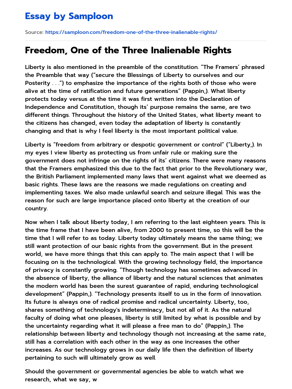 Freedom, One of the Three Inalienable Rights essay