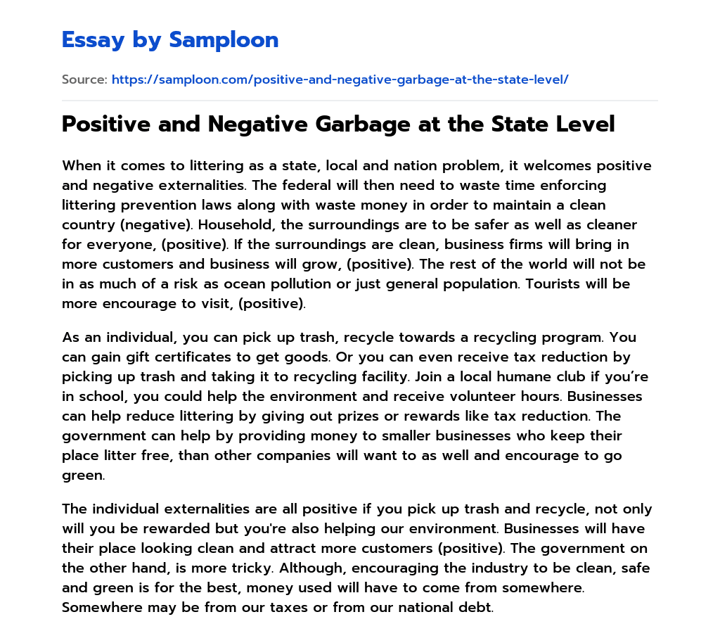 Positive and Negative Garbage at the State Level essay
