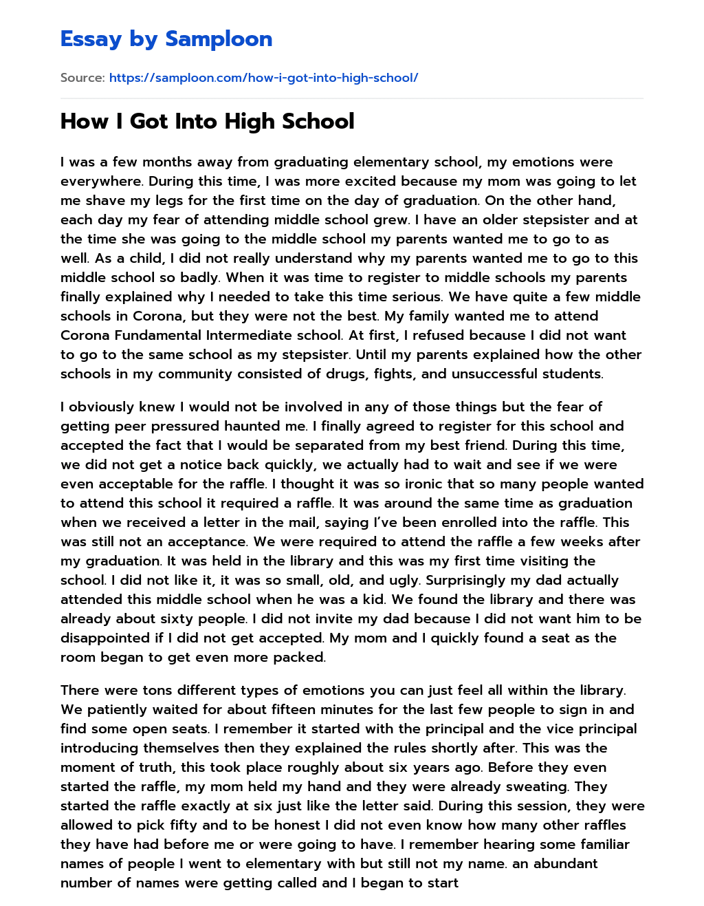 How I Got Into High School essay