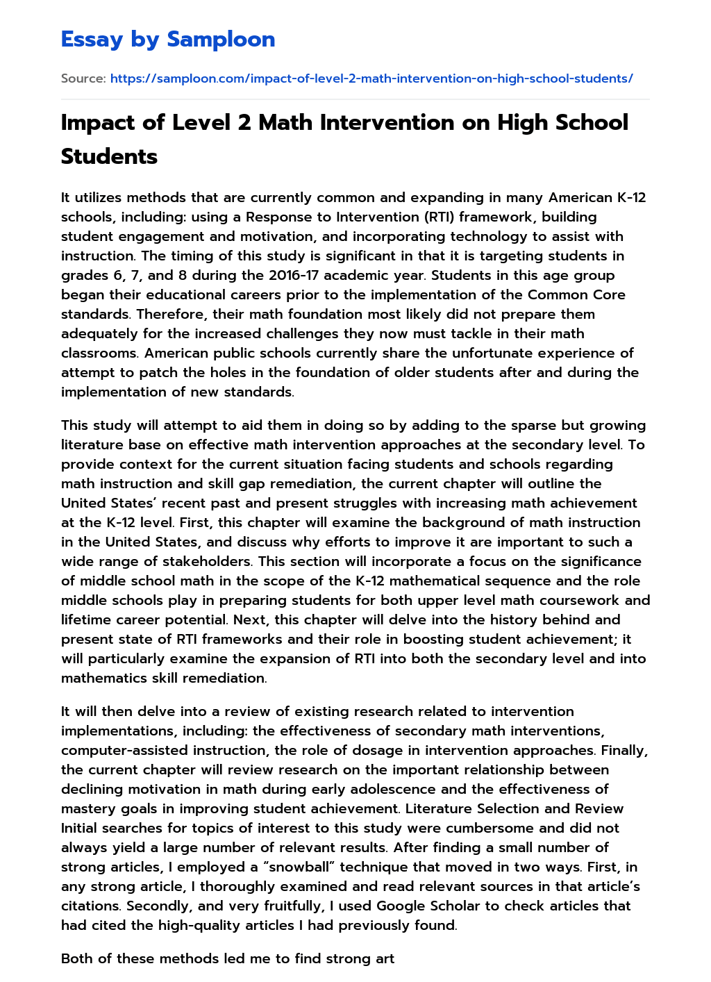 Impact of Level 2 Math Intervention on High School Students essay