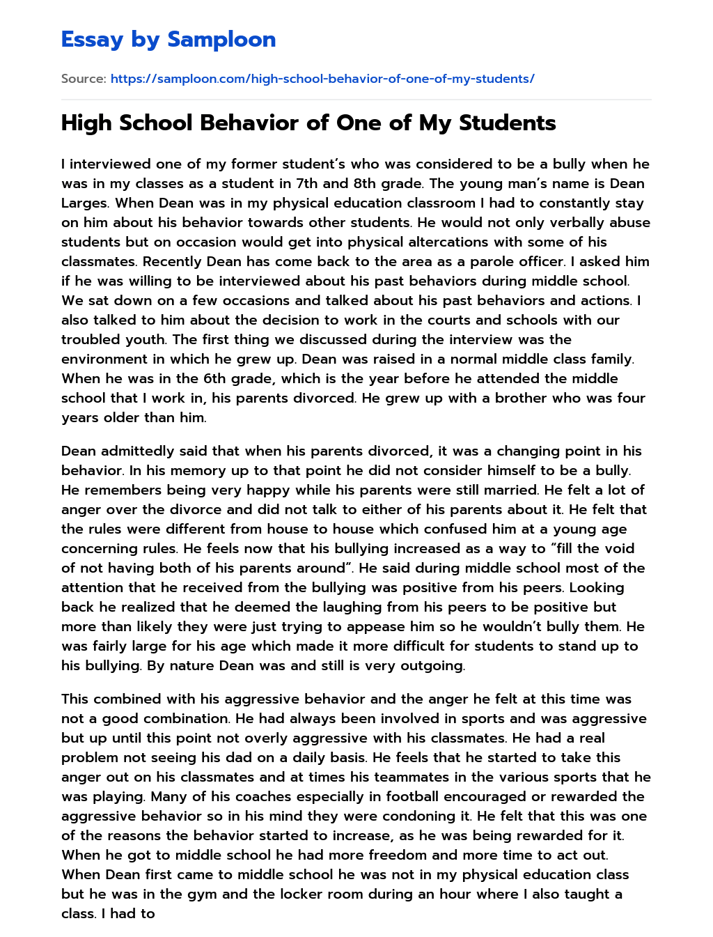 High School Behavior of One of My Students essay