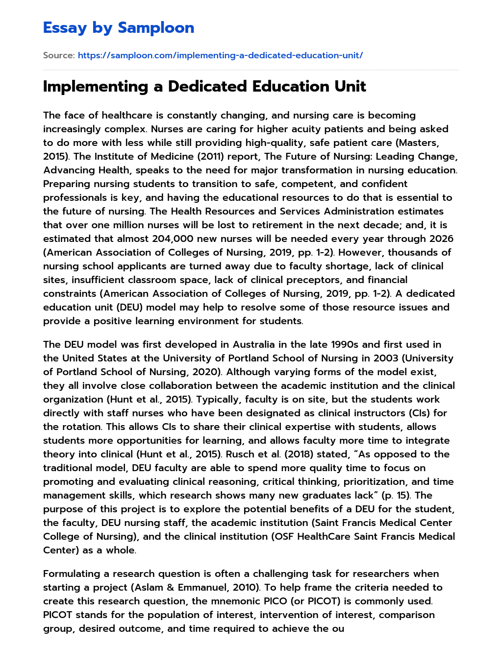 Implementing a Dedicated Education Unit essay
