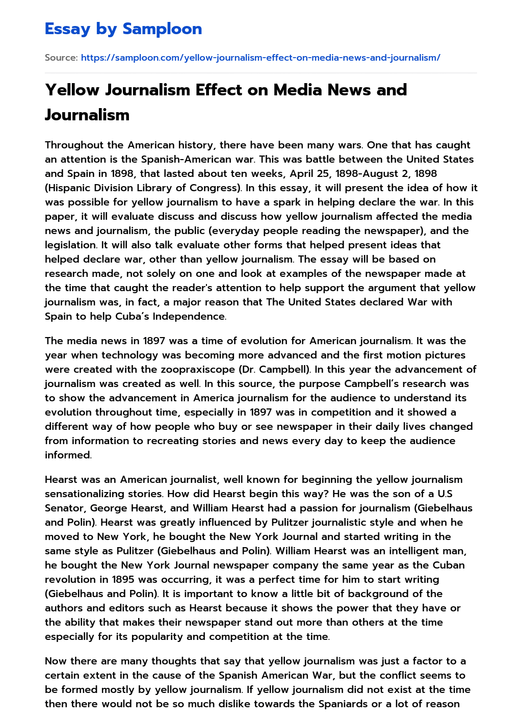 Yellow Journalism Effect on Media News and Journalism essay