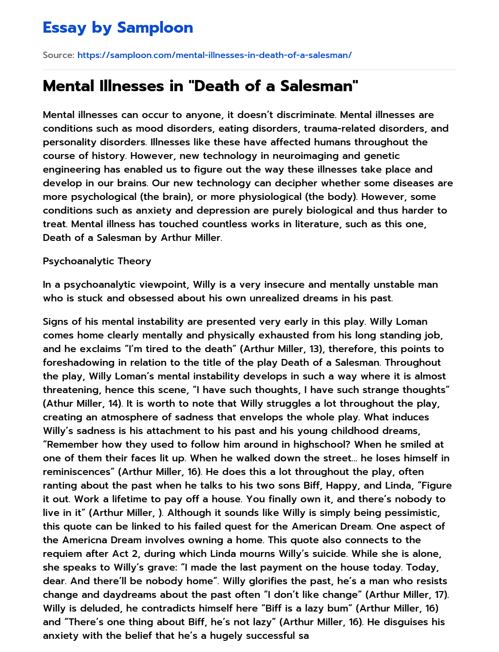 Mental Illnesses in “Death of a Salesman” Analytical Essay essay