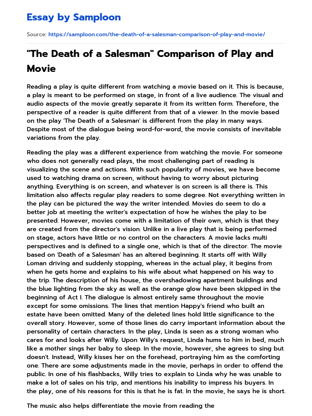 “The Death of a Salesman” Comparison of Play and Movie essay