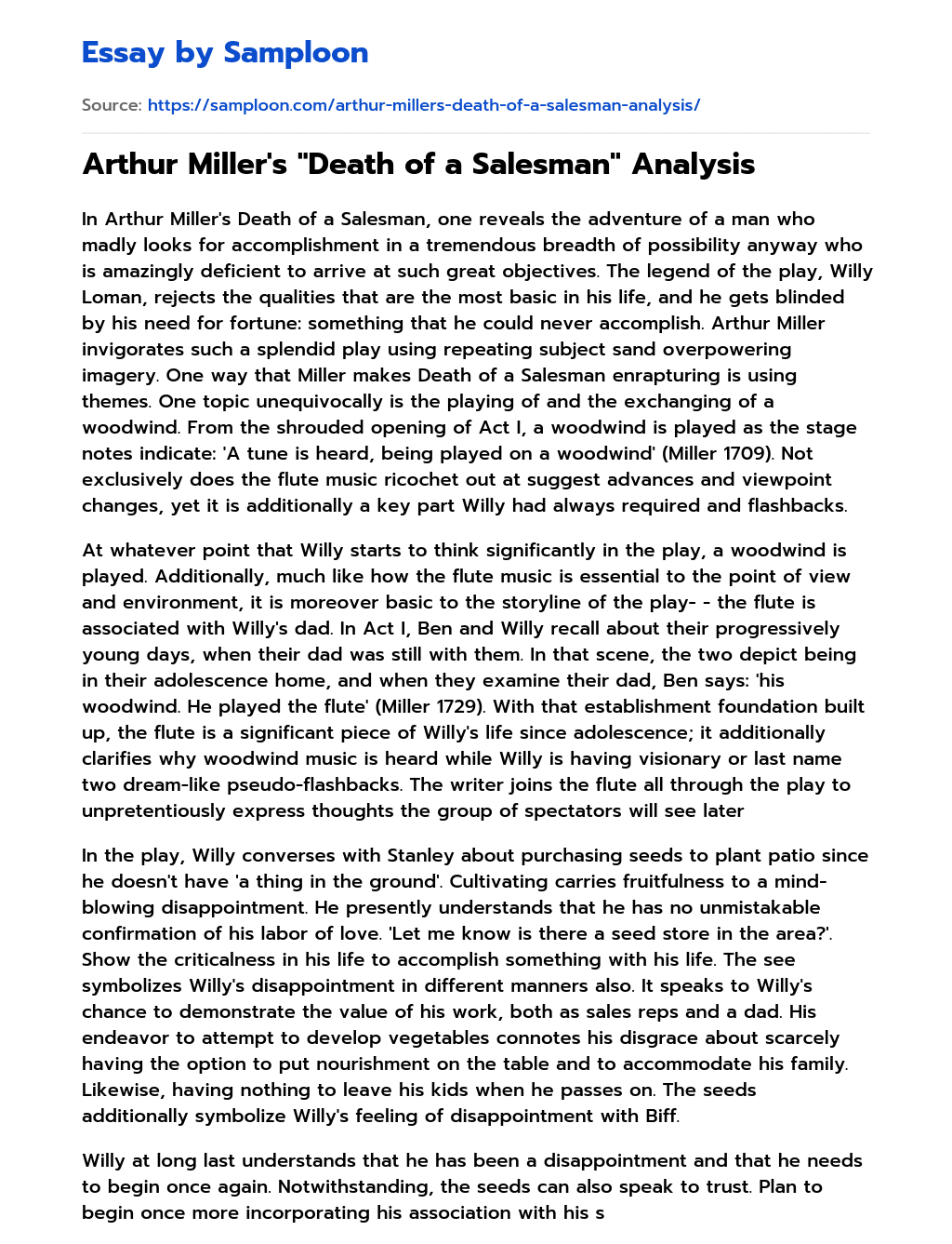 Arthur Miller’s “Death of a Salesman” Analysis essay