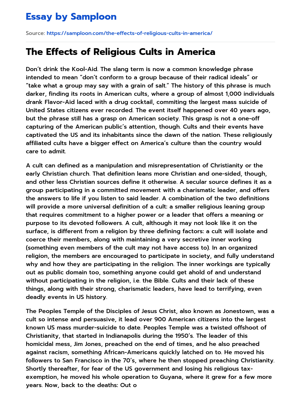 The Effects of Religious Cults in America essay