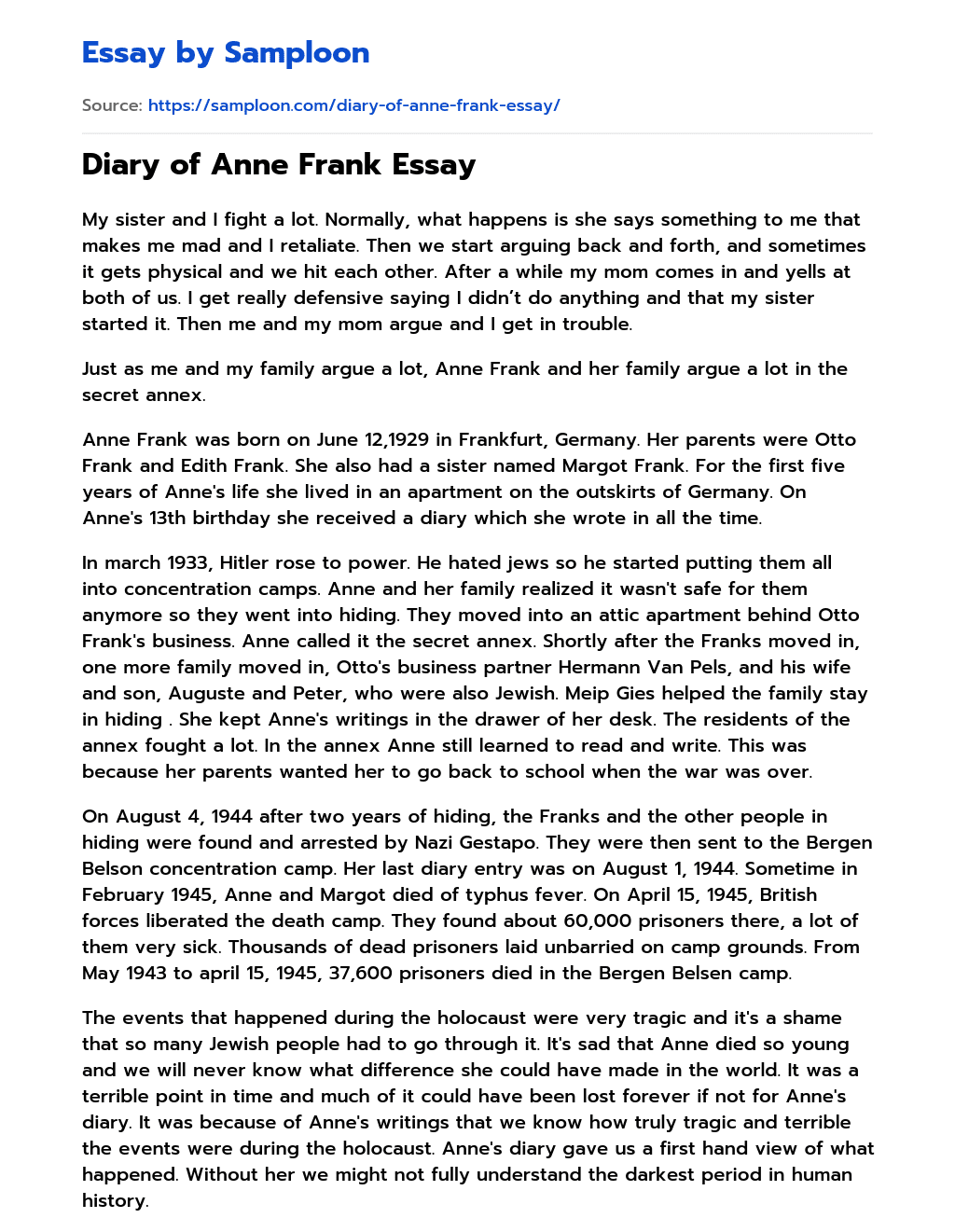 Diary of Anne Frank Essay Book Review essay