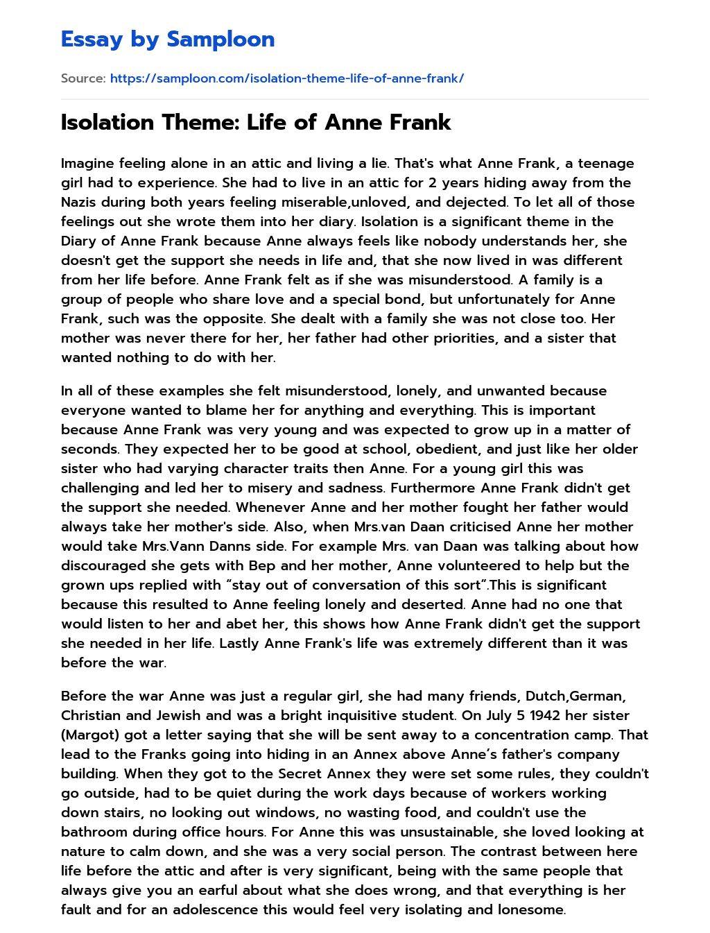 Isolation Theme: Life of Anne Frank essay