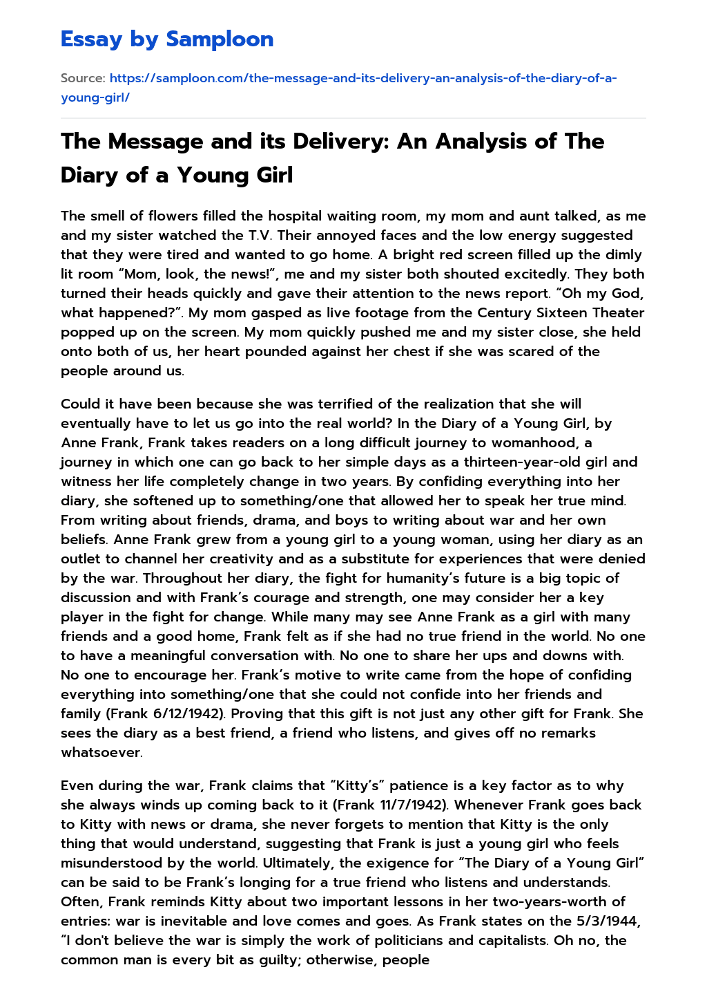 The Message and its Delivery: An Analysis of The Diary of a Young Girl essay