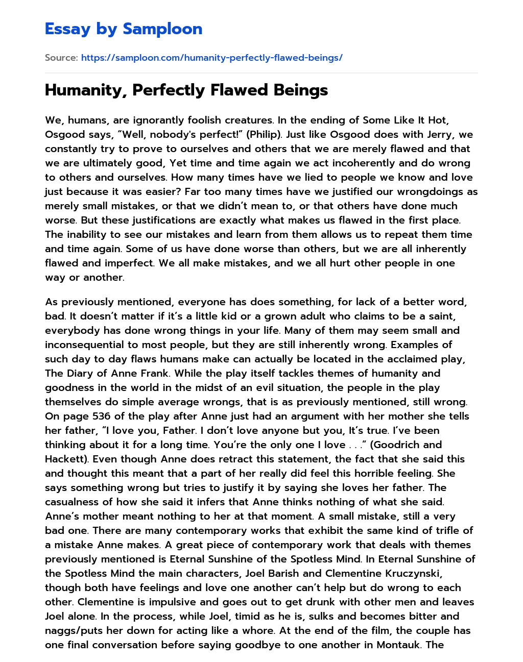 Humanity, Perfectly Flawed Beings essay