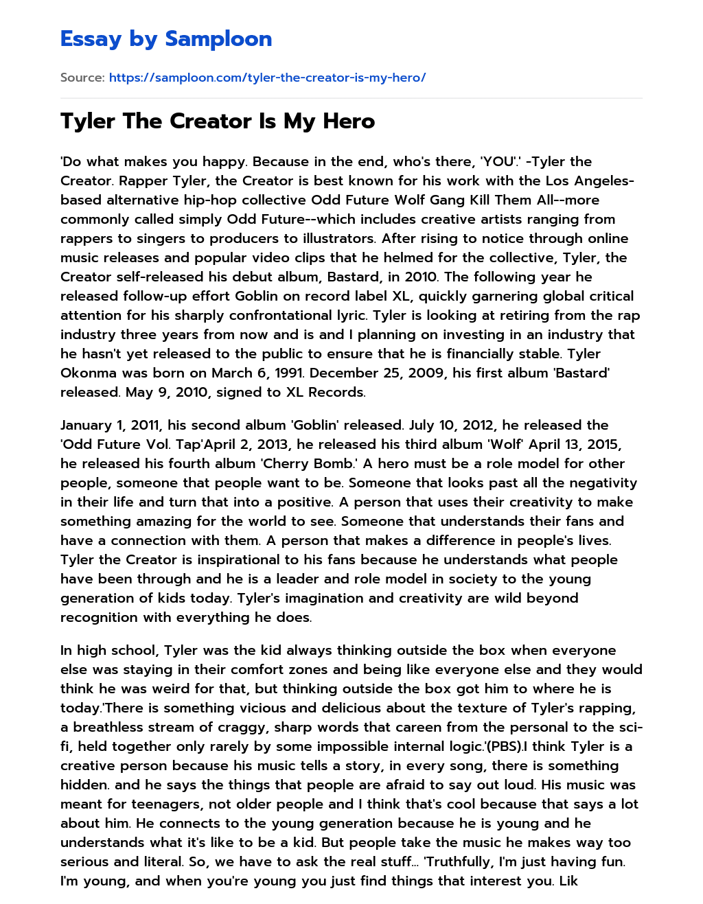 Tyler The Creator Is My Hero essay