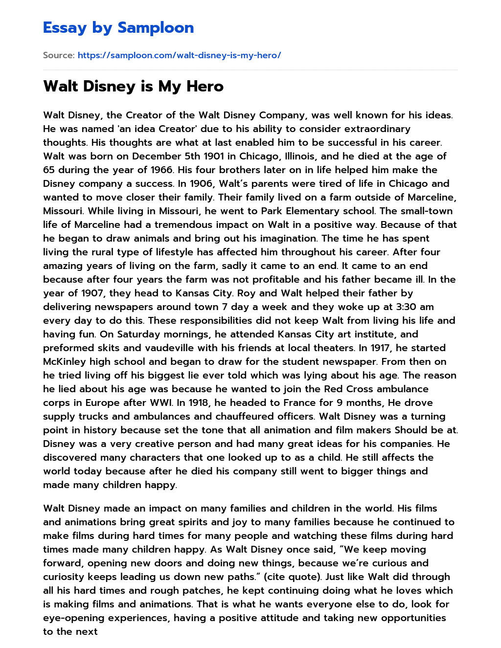 Walt Disney is My Hero essay