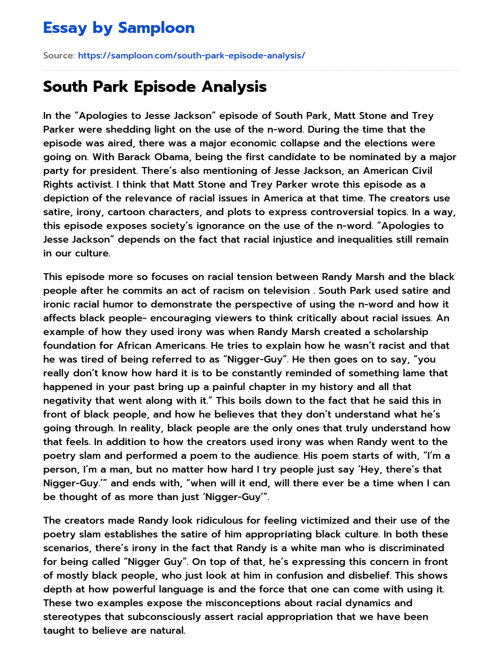 South Park Episode Analysis essay