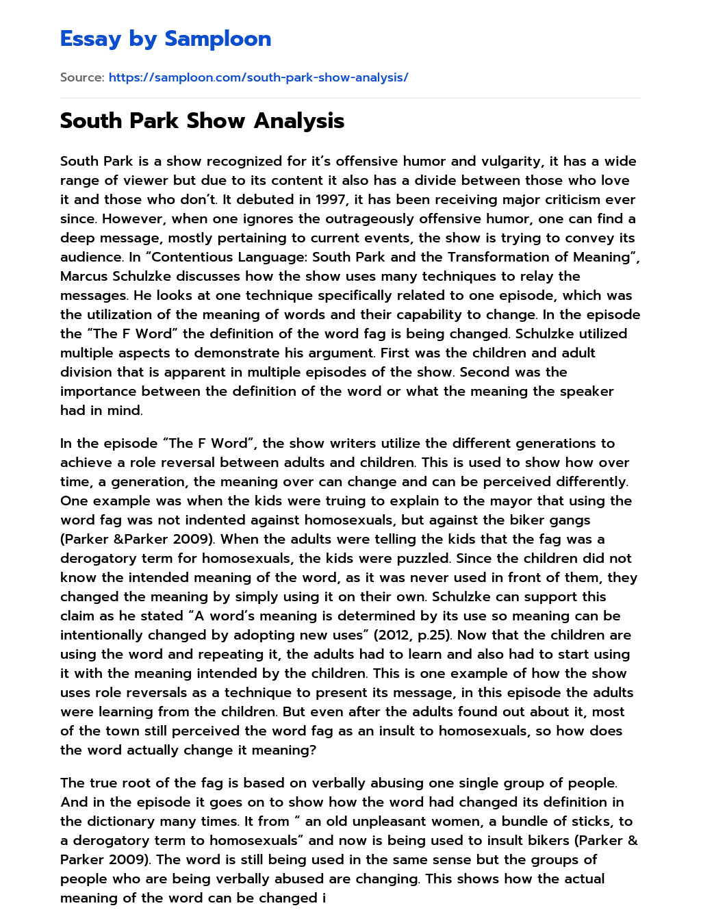 South Park Show Analysis essay