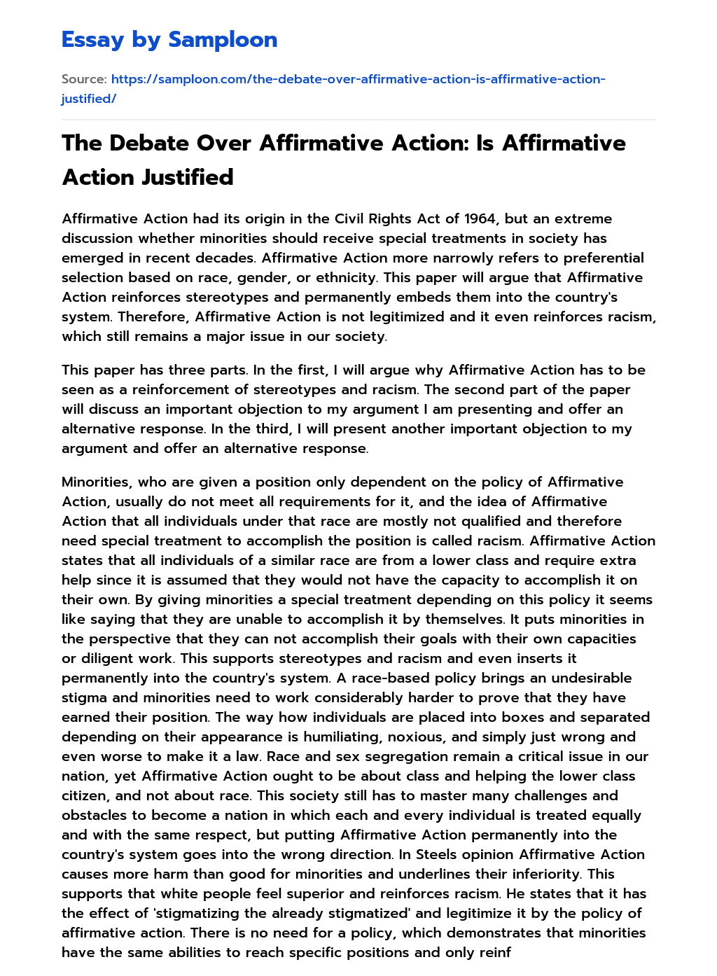 The Debate Over Affirmative Action: Is Affirmative Action Justified essay