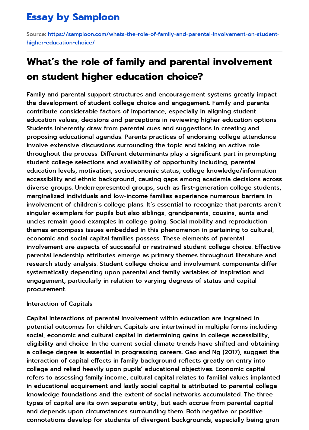 What’s the role of family and parental involvement on student higher education choice? essay
