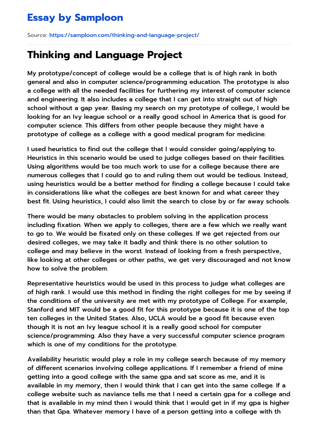 Thinking and Language Project essay