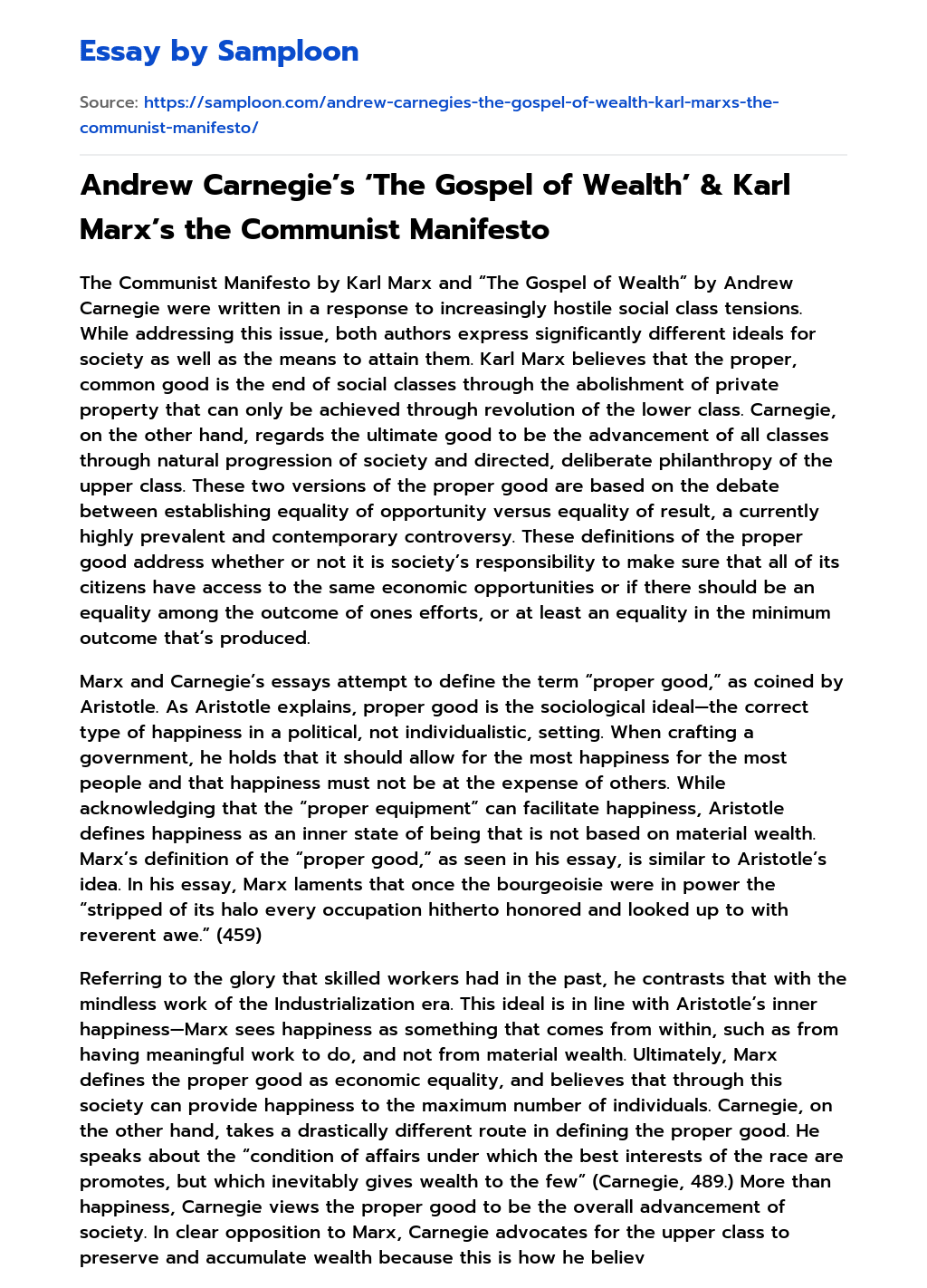 Andrew Carnegie’s ‘The Gospel of Wealth’ & Karl Marx’s the Communist Manifesto Argumentative Essay essay