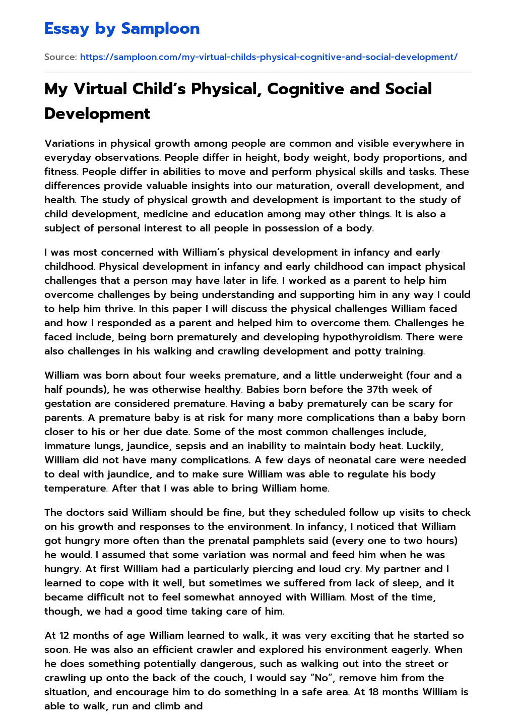 My Virtual Child’s Physical, Cognitive and Social Development  essay