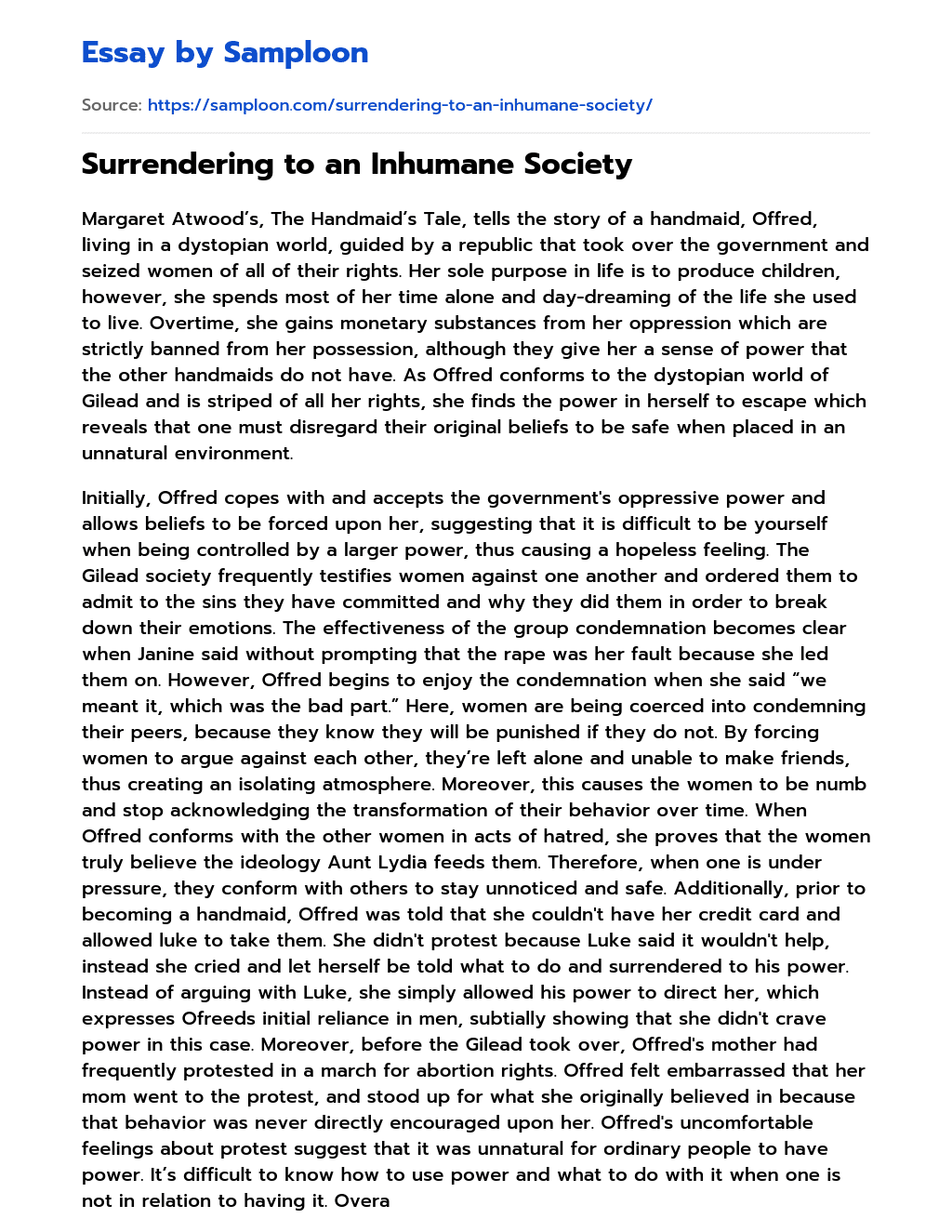 Surrendering to an Inhumane Society  essay