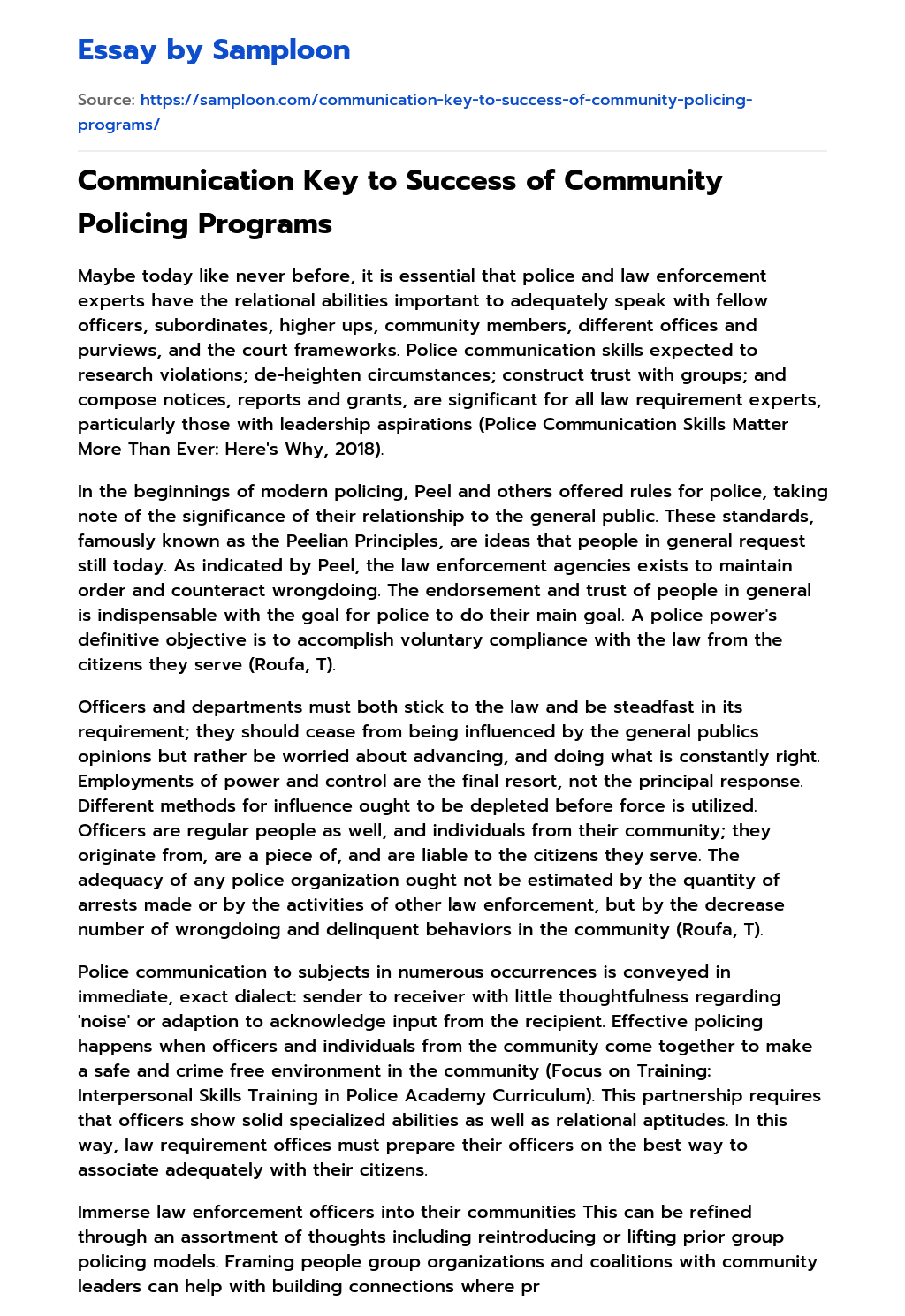 Communication Key to Success of Community Policing Programs essay