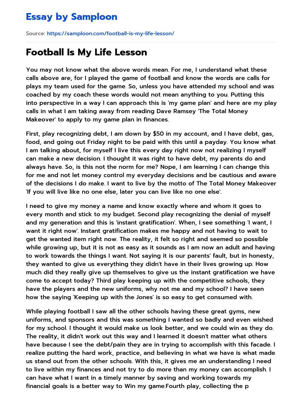 Football Is My Life Lesson essay