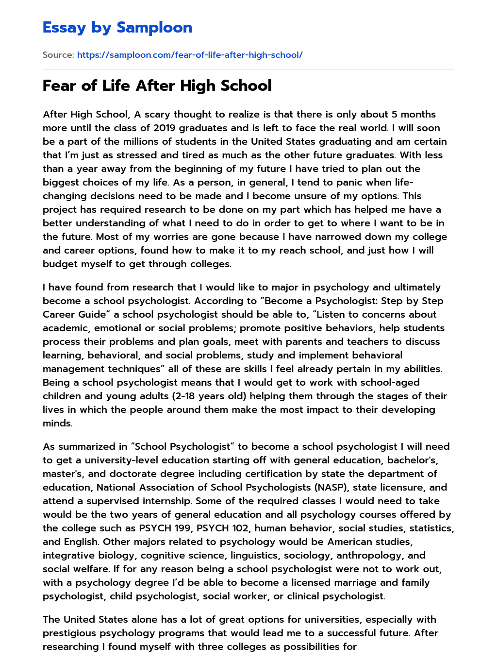 Fear of Life After High School essay