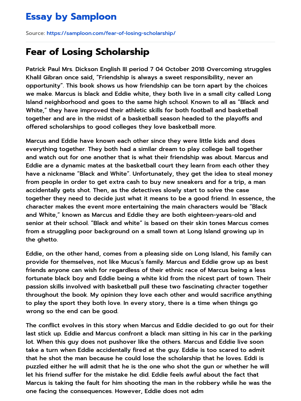 Fear of Losing Scholarship essay