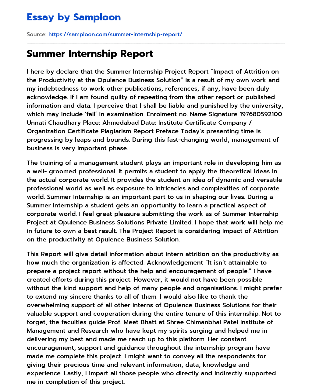 Summer Internship Report Reflective Essay essay