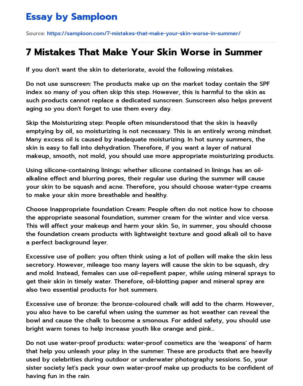7 Mistakes That Make Your Skin Worse in Summer essay