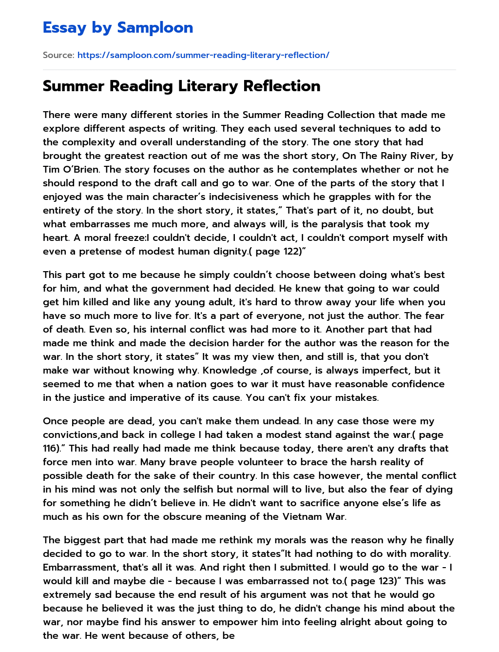 Summer Reading Literary Reflection essay