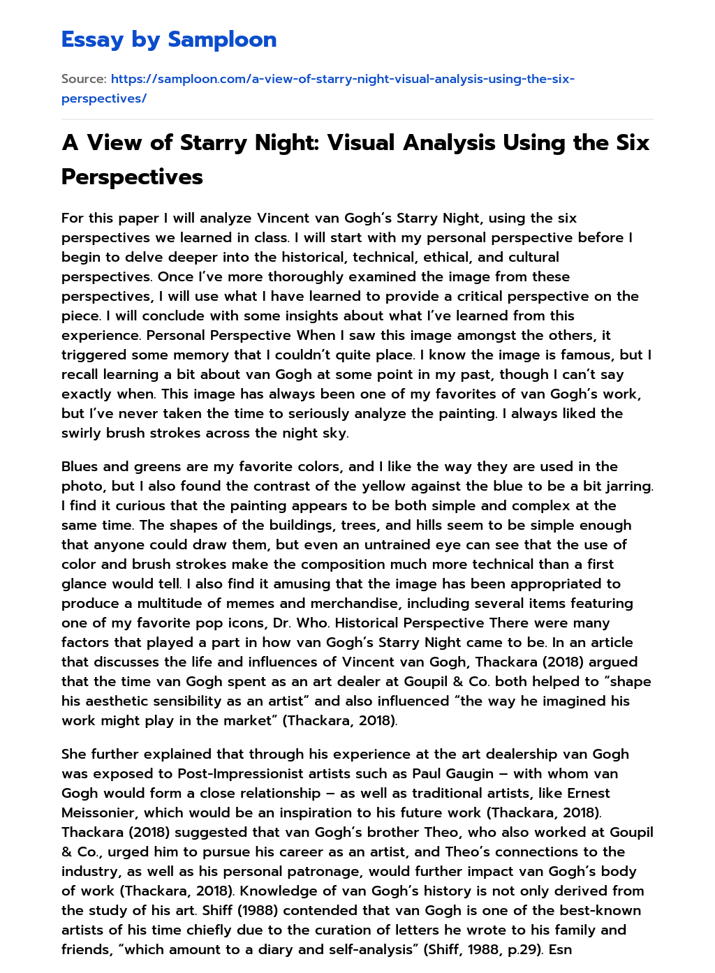 A View of Starry Night: Visual Analysis Using the Six Perspectives  essay