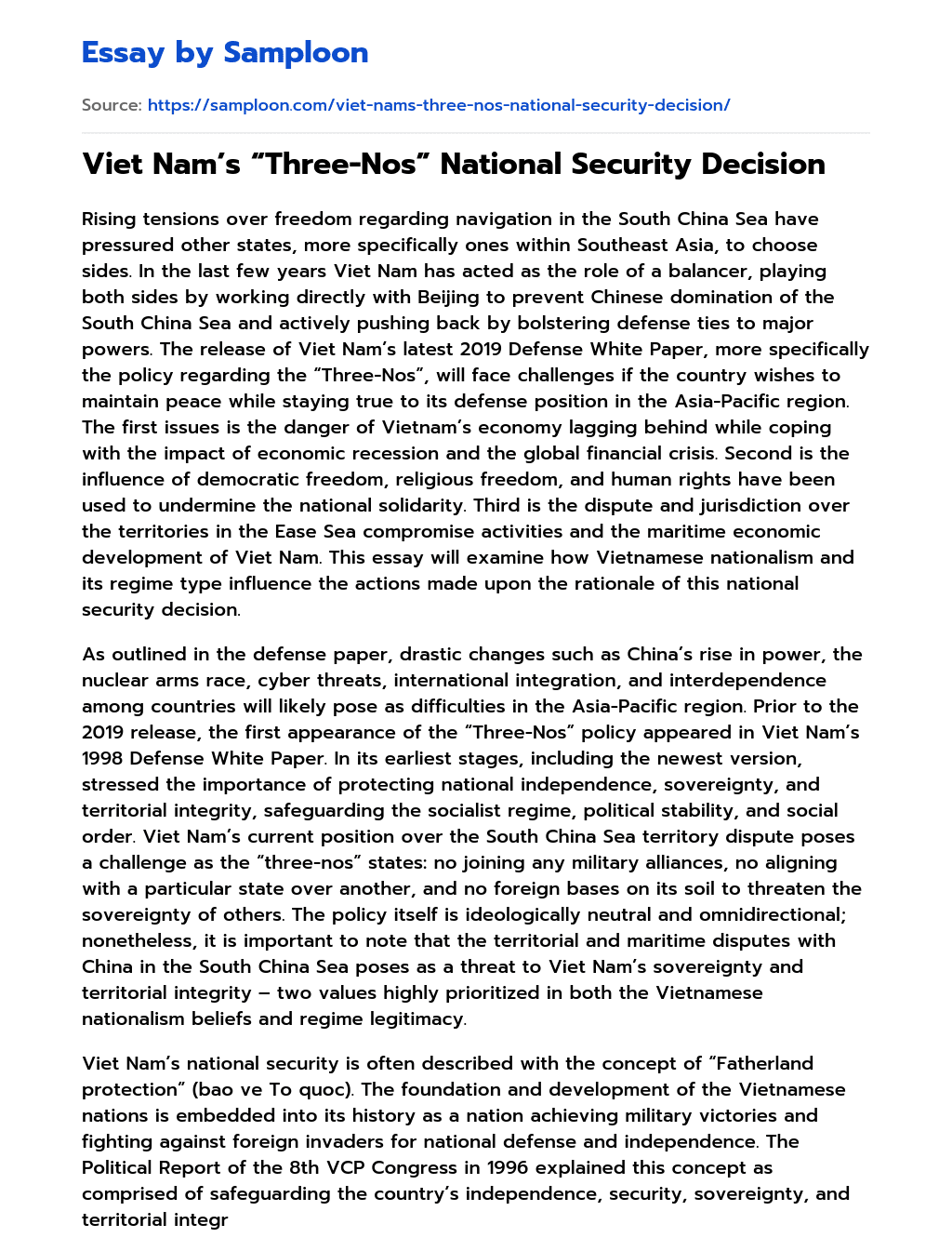 Viet Nam’s “Three-Nos” National Security Decision essay